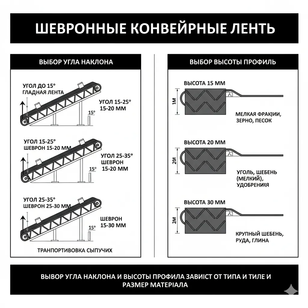 Шевронные конвейерные ленты: выбор угла наклона и высоты профиля.