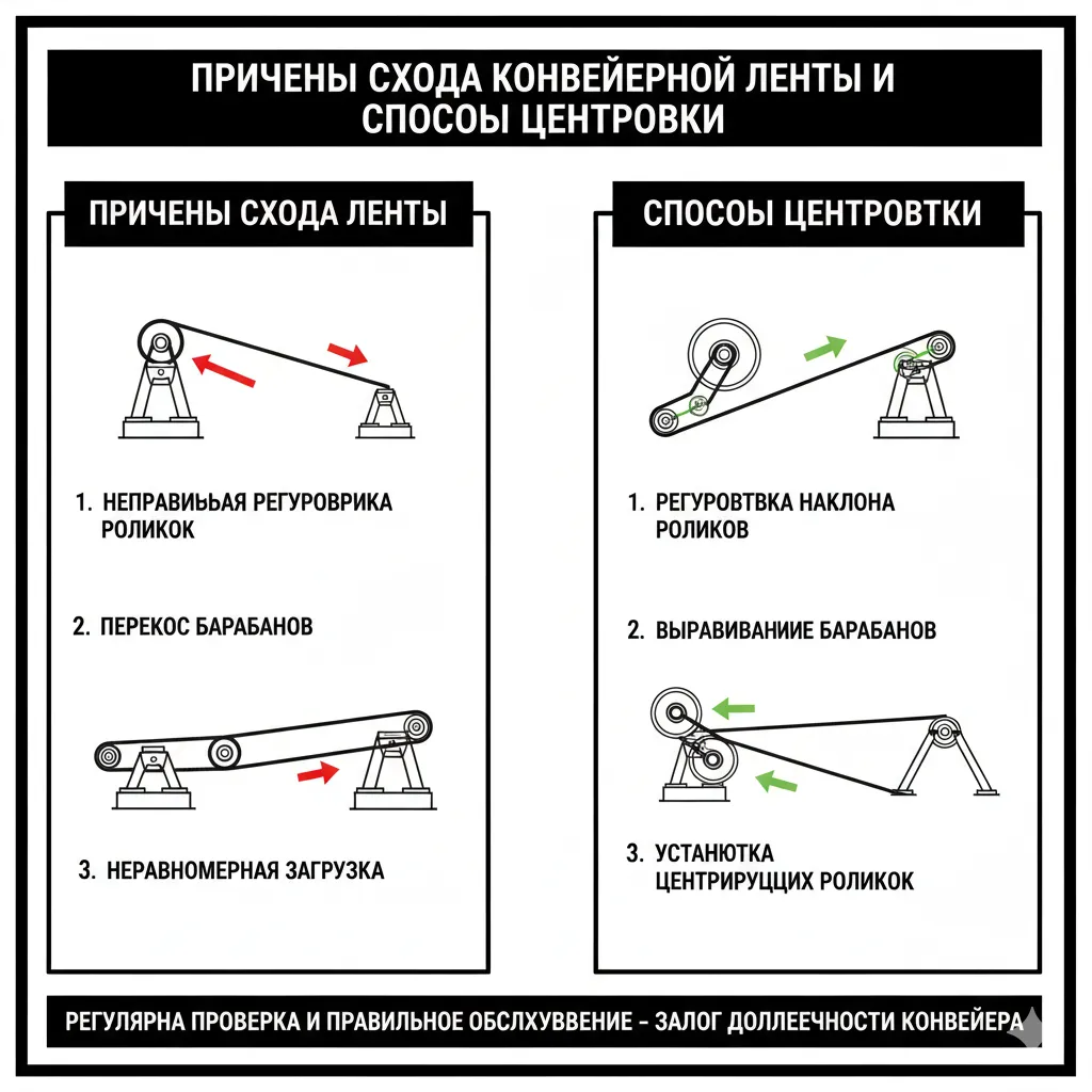 Причины схода конвейерной ленты и способы центровки